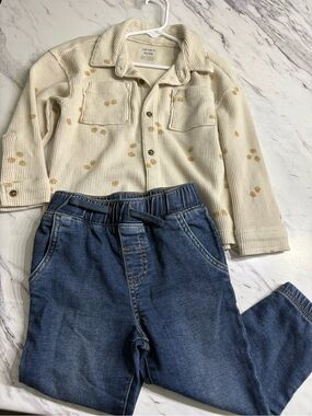 Carter's Cream Waffle Knit Top with Mustard Dot Accents & Blue Denim Joggers